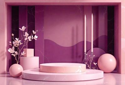 The primary subject of the image is a table with a pink tablecloth, surrounded by various decorative elements. The table is located in a room with a purple wall, which adds a unique and vibrant touch to the scene. The visual style of the image is a combination of photo and digital art, creating a realistic yet artistic representation of the setting. The colors and mood of the image are predominantly pink and purple, giving the scene a warm and inviting atmosphere.