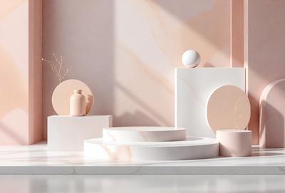 The primary subject of the image is a white marble table with various objects on it. The table is placed in a room with a pink wall, giving the scene a warm and inviting atmosphere. The visual style of the image is a combination of photo and digital art, creating a realistic yet artistic representation of the scene. The colors and mood of the image are predominantly white and pink, giving it a clean and elegant appearance.