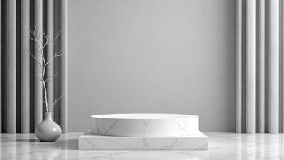 The primary subject of the image is a white marble table. The table is placed on a white marble floor, which creates a clean and elegant atmosphere. The setting is a white room, which further emphasizes the simplicity and elegance of the scene. The visual style of the image is a photo, capturing the beauty and texture of the marble surface. The colors and mood of the image are predominantly white, giving it a serene and sophisticated appearance.