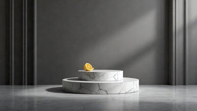 The primary subject of the image is a lemon placed on a white marble surface. The setting is a room with a gray wall, and the visual style is a photo. The colors in the image are predominantly white and yellow, creating a clean and fresh atmosphere.