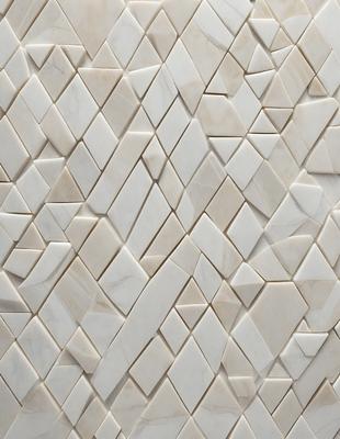 The primary subject of the image is a white marble wall with a pattern of white squares. The setting is a room with a white marble wall as the main focus. The visual style is a close-up of the marble wall, showcasing the intricate pattern of the white squares. The colors and mood of the image are predominantly white, giving it a clean and elegant appearance.