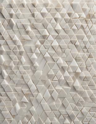The primary subject of the image is a large, white, geometric wall design. The setting is a white wall, and the visual style is a combination of digital art and illustration. The dominant colors are white and gray, creating a clean and modern atmosphere.