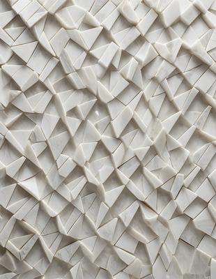 The primary subject of the image is a white marble wall with a unique, geometric pattern. The setting is a room with a white marble wall, which serves as the background. The visual style of the image is a close-up of the marble wall, showcasing its intricate design. The colors and mood of the image are predominantly white, giving it a clean and elegant appearance.