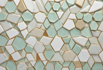The primary subject of the image is a patterned wall made of tiles. The setting is a room with a green and white color scheme. The visual style is a combination of digital art and illustration, creating a unique and intricate design. The dominant colors are green and white, giving the wall a fresh and clean appearance.