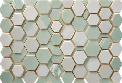 The primary subject of the image is a white and green tile wall. The setting is a room with a white tile floor. The visual style is a close-up of the tiled wall, showcasing the intricate pattern of the tiles. The colors and mood of the image are predominantly white and green, creating a clean and fresh atmosphere.