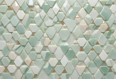 The primary subject of the image is a wall with a pattern of white and green tiles. The setting is a room with a green and white tiled wall. The visual style is a close-up of the tiled wall, showcasing the intricate pattern of the tiles. The colors and mood of the image are predominantly green and white, creating a clean and fresh atmosphere.