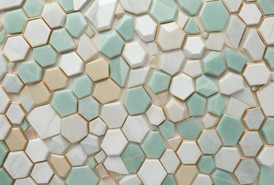 The primary subject of the image is a wall with a pattern of hexagonal tiles. The setting is a room with a white marble wall, and the visual style is a close-up of the tiled wall. The dominant colors are white and green, creating a clean and fresh atmosphere.