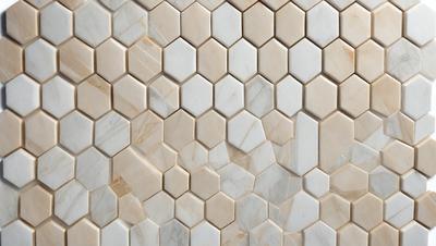 The primary subject of the image is a white marble tile wall with a hexagonal pattern. The setting is a room with a white marble tile floor. The visual style is a close-up of the marble tile wall, showcasing the intricate pattern. The colors and mood of the image are predominantly white, giving it a clean and elegant appearance.