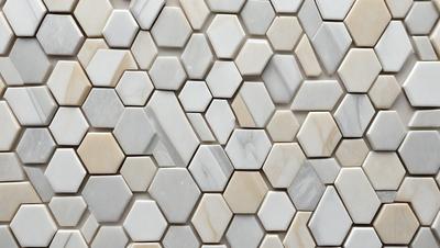 The primary subject of the image is a white marble tile wall with a pattern of hexagonal shapes. The setting is a room with a white marble tile floor. The visual style is a close-up of the marble tile wall, showcasing the intricate pattern. The colors and mood of the image are predominantly white, giving it a clean and elegant appearance.