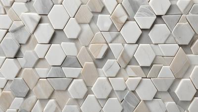 The primary subject of the image is a white marble wall with a pattern of hexagonal shapes. The setting is a room with a white marble wall, and the visual style is a close-up of the wall. The colors and mood of the image are predominantly white, giving it a clean and elegant appearance.