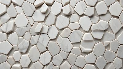 The primary subject of the image is a white marble wall with a pattern of white and grey tiles. The setting is a room with a white marble wall as the main focus. The visual style is a close-up of the marble wall, showcasing the intricate pattern of the tiles. The colors and mood of the image are predominantly white and grey, giving it a clean and elegant appearance.