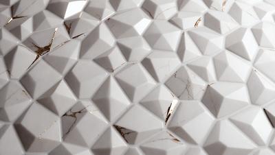 The primary subject of the image is a white marble table with a patterned surface. The table features a design that resembles a diamond pattern, giving it a unique and elegant appearance. The setting is a room with a white background, which further emphasizes the contrast between the table and the background. The visual style of the image is a close-up shot of the table, showcasing its intricate design and texture. The colors and mood of the image are predominantly white, giving it a clean and soph