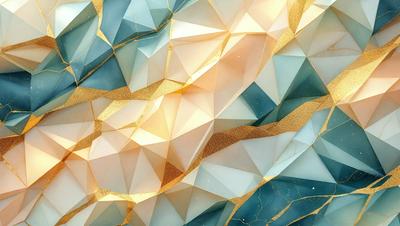 The primary subject of the image is a three-dimensional, abstract design featuring a mix of blue, gold, and white colors. The setting is a blue and gold background, which adds to the visual style of the piece. The design appears to be a digital art or illustration, showcasing a unique and intricate pattern. The overall atmosphere of the image is one of creativity and artistic expression.