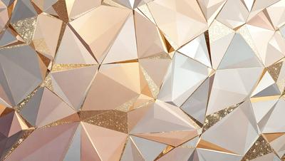 The primary subject of the image is a pattern of triangles made of gold and white. The setting is a wall, and the visual style is a combination of photo and digital art. The dominant colors are gold and white, creating a warm and elegant atmosphere.