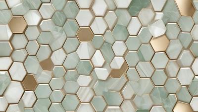The primary subject of the image is a patterned wall made of hexagonal tiles. The setting is a room with a white tile wall, and the visual style is a close-up of the tiles. The colors and mood of the image are predominantly white, giving it a clean and minimalist appearance.