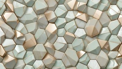 The primary subject of the image is a wall covered in a pattern of hexagonal tiles. The setting is a room with a white background, and the visual style is a close-up of the tiled wall. The dominant colors are white and gold, creating a warm and inviting atmosphere.