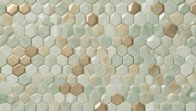 The primary subject of the image is a wall with a pattern of hexagonal shapes. The setting is a room with a tiled wall, and the visual style is a close-up of the wall. The dominant colors are white and gold, creating a clean and elegant atmosphere.