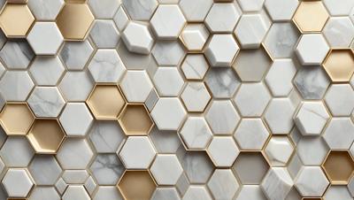 The primary subject of the image is a white marble wall with a gold pattern. The setting is a room with a white marble floor. The visual style is a close-up of the marble wall, showcasing the intricate gold pattern. The colors and mood of the image are predominantly white and gold, creating a luxurious and elegant atmosphere.