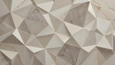 The primary subject of the image is a large, intricate, and textured wall made of marble. The setting is a room with a stone wall, and the visual style is a close-up of the wall, showcasing its unique design. The colors and mood of the image are predominantly neutral, with a focus on the marble's natural patterns and textures.