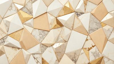 The primary subject of the image is a marble wall with a gold pattern. The setting is a room with a marble wall as the main focus. The visual style is a combination of a photo and digital art, creating a unique and intricate design. The dominant colors are gold and white, giving the wall a luxurious and elegant appearance.