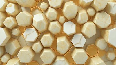 The primary subject of the image is a pattern of white and gold marble tiles. The setting is a wall, and the visual style is a close-up of the tiles. The colors and mood of the image are predominantly white and gold, giving it a luxurious and elegant appearance.