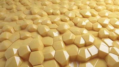 The primary subject of the image is a large, intricate pattern of yellow hexagons. The setting is a white background, which provides a clean and uncluttered appearance. The visual style is a combination of digital art and illustration, creating a unique and eye-catching design. The dominant colors are yellow and white, giving the pattern a warm and inviting atmosphere.