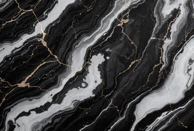 The primary subject of the image is a black and gold marble pattern. The setting is a black and gold marble surface, which serves as the background. The visual style is a close-up of the marble pattern, showcasing its intricate details. The colors and mood of the image are predominantly black and gold, giving it a luxurious and elegant appearance.