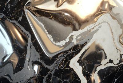 The primary subject of the image is a marble countertop with a metallic finish. The setting is a kitchen, and the visual style is a combination of photo and digital art. The countertop has a gold and black color scheme, giving it a luxurious and elegant appearance.