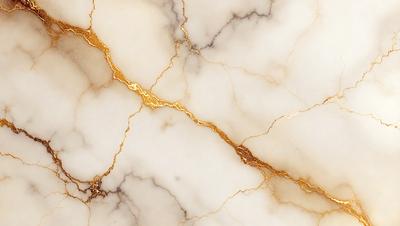 The primary subject of the image is a marble countertop with a gold-colored border. The setting is a kitchen, and the visual style is a close-up of the marble countertop. The colors and mood of the image are predominantly white and gold, giving it a luxurious and elegant appearance.