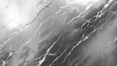 The primary subject of the image is a marble surface with a pattern of white and black streaks. The setting is a cloudy sky, which serves as the backdrop for the marble surface. The visual style of the image is a close-up of the marble, showcasing its unique texture and pattern. The colors in the image are predominantly black and white, giving the scene a dramatic and moody atmosphere.