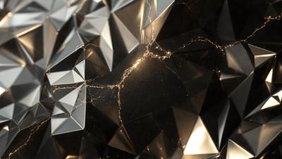 The primary subject of the image is a close-up of a black and gold geometric pattern, possibly a piece of art or a decorative item. The setting is a dark room, and the visual style appears to be a combination of digital art and illustration. The dominant colors in the image are black and gold, creating a striking and elegant appearance.