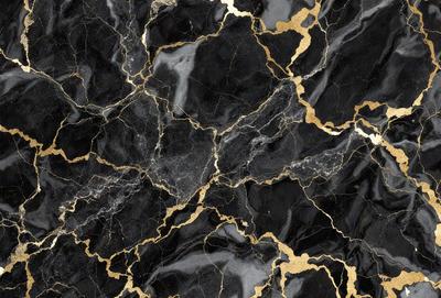 The primary subject of the image is a black and gold marble pattern. The setting is a black marble surface, and the visual style is a close-up of the marble pattern. The dominant colors are black and gold, creating a luxurious and elegant atmosphere.