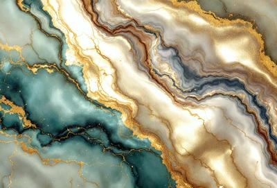 The primary subject of the image is a marble-like stone with a gold and blue color scheme. The setting is a natural environment, possibly a rock formation or a stone wall. The visual style is a close-up of the stone, showcasing its intricate patterns and textures. The colors and mood of the image are warm and inviting, with the gold and blue hues creating a sense of luxury and elegance.