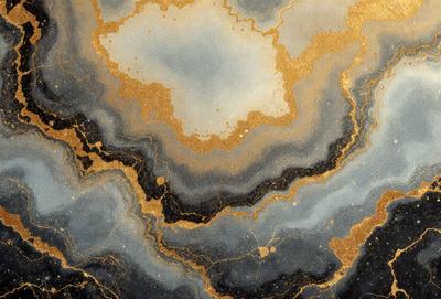 The primary subject of the image is a close-up of a marble surface with a gold-like pattern. The setting is a rocky surface, and the visual style appears to be a combination of a photo and digital art. The colors in the image are predominantly black and gold, creating a rich and luxurious atmosphere.