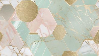 The primary subject of the image is a marble tile with a gold pattern. The setting is a bathroom, and the visual style is a combination of photo and digital art. The dominant colors are gold and pink, creating a luxurious and elegant atmosphere.