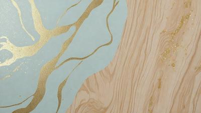 The primary subject of the image is a wooden surface with a blue and gold design. The setting is a wooden wall, and the visual style appears to be a combination of digital art and illustration. The dominant colors are blue and gold, creating a sense of elegance and sophistication.