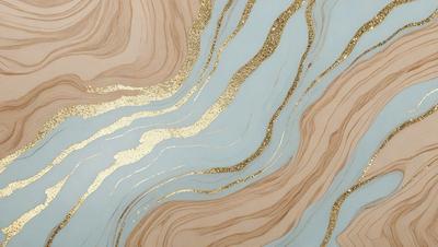 The primary subject of the image is a blue and gold patterned wallpaper. The setting is a wall, and the visual style is a combination of digital art and illustration. The dominant colors are blue and gold, creating a luxurious and elegant atmosphere.