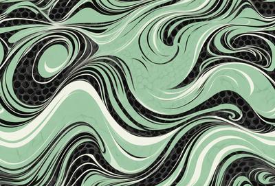The primary subject of the image is a green and white swirling pattern, which appears to be a digital art or illustration. The setting is a black and white background, which contrasts with the swirling pattern. The visual style suggests that the image is a creative and artistic representation of a swirling motion. The colors and mood of the image are predominantly green and white, giving it a calming and soothing atmosphere.