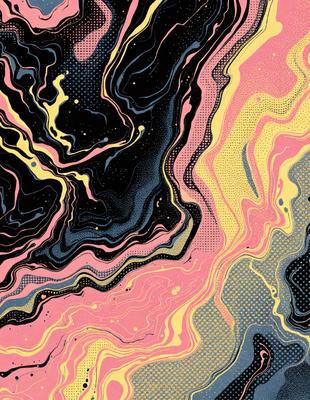The primary subject of the image is a colorful, abstract design featuring a mix of yellow, pink, and black colors. The setting is a black and white background, which contrasts with the vibrant colors of the design. The visual style appears to be a combination of digital art and illustration, creating a unique and eye-catching pattern. The overall atmosphere of the image is lively and energetic, with the bold colors and intricate patterns capturing the viewer's attention.