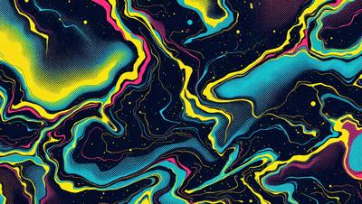 The primary subject of the image is a colorful, abstract design featuring a mix of blue, yellow, and pink hues. The setting is a black background, which contrasts with the vibrant colors of the design. The visual style appears to be a combination of digital art and illustration, creating a unique and eye-catching pattern. The overall atmosphere is lively and energetic, with the colors and design elements working together to create a captivating and engaging image.
