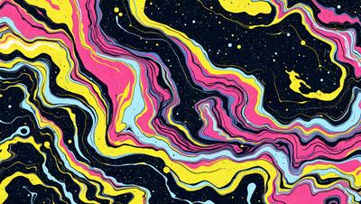 The primary subject of the image is a colorful, abstract design featuring a mix of yellow, pink, and blue hues. The setting is a black background, which contrasts with the vibrant colors of the design. The visual style appears to be a combination of digital art and illustration, creating a unique and eye-catching pattern. The overall atmosphere is lively and energetic, with the bold colors and intricate patterns capturing the viewer's attention.