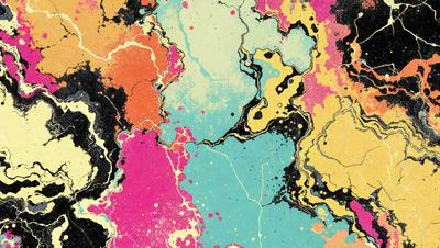 The primary subject of the image is a colorful, abstract painting featuring a mix of yellow, pink, blue, and orange colors. The painting is displayed on a black and white background, creating a striking contrast. The visual style of the painting appears to be a combination of digital art and illustration, with a focus on vibrant colors and intricate patterns. The overall atmosphere of the painting is lively and energetic, with a sense of movement and dynamism.