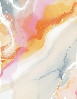The primary subject of the image is a colorful painting featuring a variety of colors and patterns. The setting is a white background, which contrasts with the vibrant colors of the painting. The visual style appears to be a combination of digital art and illustration, creating a unique and eye-catching piece of art. The dominant colors in the painting are pink, orange, and white, giving the artwork a warm and lively atmosphere.