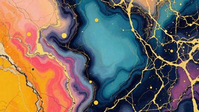 The primary subject of the image is a colorful, abstract painting featuring a mix of blue, yellow, and orange hues. The painting is set against a backdrop of a gold-colored wall, which adds a sense of luxury and sophistication to the scene. The visual style of the painting is a combination of digital art and illustration, creating a unique and eye-catching design. The dominant colors in the painting are blue, yellow, and orange, which together evoke a sense of warmth, energy,