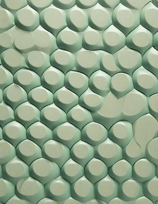 The primary subject of the image is a large, blue, textured wall with a pattern of white circles. The setting is a room with a green background. The visual style is a combination of photo and digital art, creating a unique and interesting design. The dominant colors are blue and white, with the blue wall and white circles, while the green background adds a touch of warmth to the overall atmosphere.