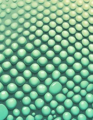 The primary subject of the image is a large, green, textured surface with numerous small, round, white bubbles or spheres scattered across it. The setting appears to be a patterned or textured surface, possibly a wallpaper or a fabric. The visual style of the image is a combination of photo and digital art, creating a unique and interesting design. The colors and mood of the image are predominantly green and white, giving it a fresh and clean appearance.