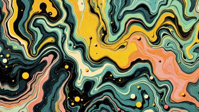 The primary subject of the image is a colorful, abstract painting featuring a mix of blue, yellow, and green colors. The painting is set against a yellow background, creating a vibrant and lively atmosphere. The visual style of the painting is a combination of digital art and illustration, with a focus on intricate patterns and textures. The overall mood of the painting is energetic and lively, capturing the viewer's attention with its vivid colors and dynamic composition.