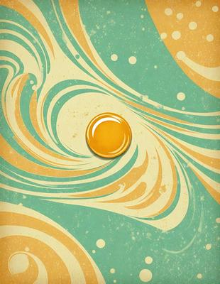 The primary subject of the image is a yellow button with a yellow center, which is placed on a blue and yellow swirl pattern. The setting is a colorful and swirly background, which adds to the overall visual style. The colors and mood of the image are vibrant and lively, with the blue and yellow swirl pattern creating a sense of movement and energy.
