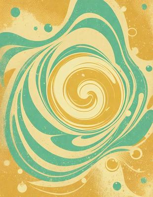 The primary subject of the image is a swirling, spiral-shaped design, which is the main focus of the image. The setting is a yellow and blue background, creating a vibrant and lively atmosphere. The visual style is a combination of digital art and illustration, with a touch of pattern and texture. The colors and mood of the image are predominantly yellow and blue, giving it a warm and inviting feel.