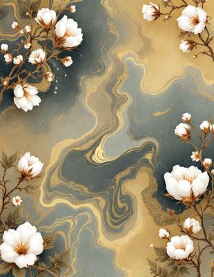 The primary subject of the image is a painting featuring a blue and gold background with a swirling design. The setting is a painting of a flower, with the background being a mix of blue and gold. The visual style is a painting, and the colors and mood are vibrant and lively.